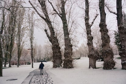Un hombre camina por el sendero de un parque cubierto de nieve, a 18 de enero de 2023, en Vitoria.