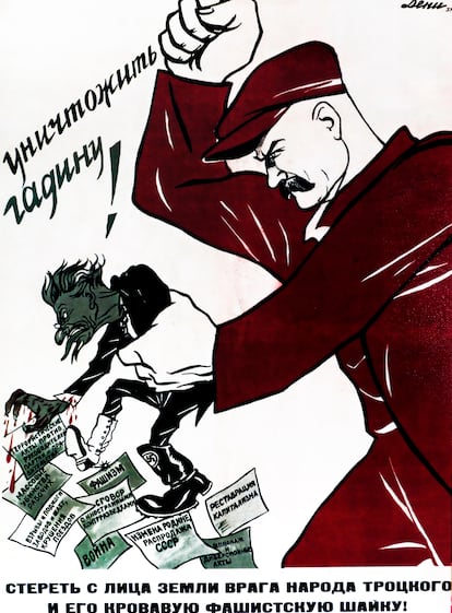 Cartel de propaganda soviética de 1937, en el que se ve a Trotsky con botas nazis en manos de un gigante soviético, obra del artista Deni (Denisov) y Viktor Nikolaevich (1893-1946).