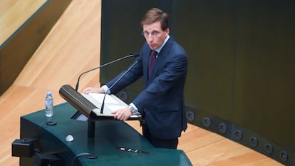 El alcalde de Madrid, José Luis Martínez Almeida, durante el Debate sobre el Estado de la Ciudad, este lunes.