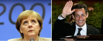 La canciller alemana, Angela Merkel, y el presidente francés, Nicolas Sarkozy, en dos momentos de la cumbre de la UE celebrada en Bruselas.
/ EFE