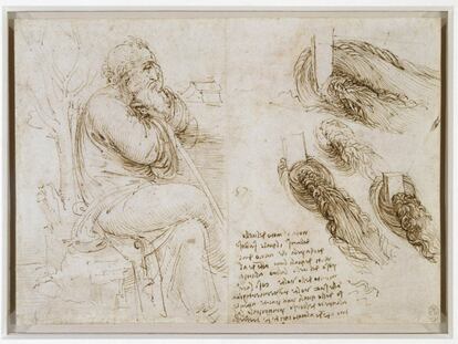 'Figura de un hombre anciano sentado sobre una roca, en un paisaje, que mira pensativo hacia la derecha, y dibujos y notas sobre los remolinos de agua', 1506-1508.