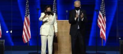 El presidente electo de EE UU, Joe Biden, y la vicepresideta electa, Kamala Harris, en su primer discurso tras ser proclamados por las proyecciones de los medios.