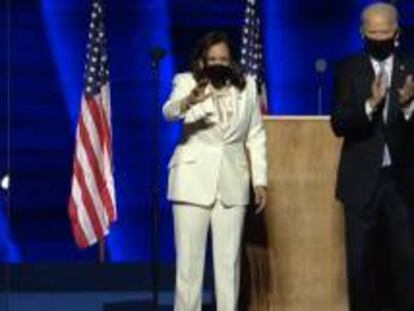 El presidente electo de EE UU, Joe Biden, y la vicepresideta electa, Kamala Harris, en su primer discurso tras ser proclamados por las proyecciones de los medios.
