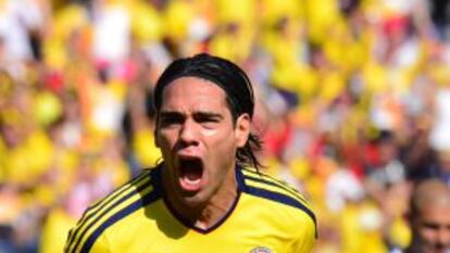 Falcao celebra un gol a Uruguay con la selección colombiana.