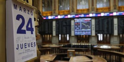 Vista de la Bolsa de Madrid en una jornada en la que el principal selectivo de la Bolsa espa&ntilde;ola, el IBEX 35.