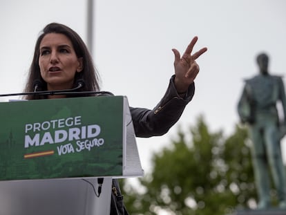 La candidata de Vox a la presidencia de la Comunidad de Madrid, Rocío Monasterio, durante un acto electoral el 28 de abril, en Valdemoro.