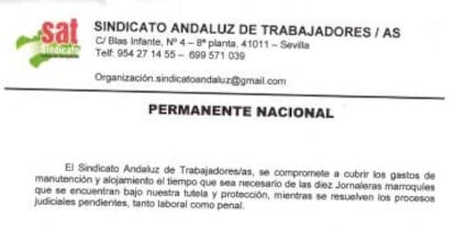 Extracto del compromiso escrito y firmado por el secretario general del SAT de asumir la manutención de las jornaleras que fue presentado en la denuncia.