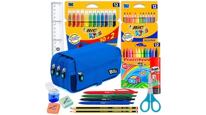 Pack de material escolar con estuche de tres compartimentos y en tres colores disponibles