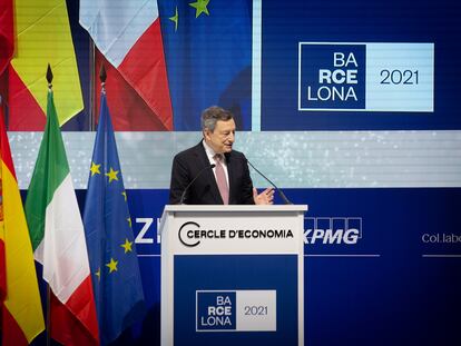 El primer ministro italiano, Mario Draghi, interviene en la clausura de la tercera sesión de la XXXVI Reunión del Cercle d'Economia, a 18 de junio de 2021, en Barcelona, Cataluña, (España).