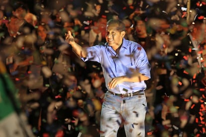 Ollanta Humala gives a victory speech after winning in the second round of the 2006 presidential elections, on June 5, 2011, in Lima, Peru.