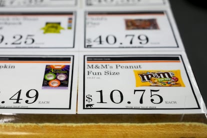 Prices of Halloween products are displayed on a counter of the Kaktovik Kikiktak Store in Kaktovik, Alaska, Wednesday, Oct. 16, 2024. (AP Photo/Lindsey Wasson)