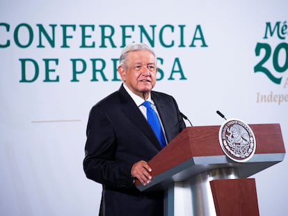 Andrés Manuel López Obrador, durante una conferencia de prensa matutina en el Palacio Nacional,