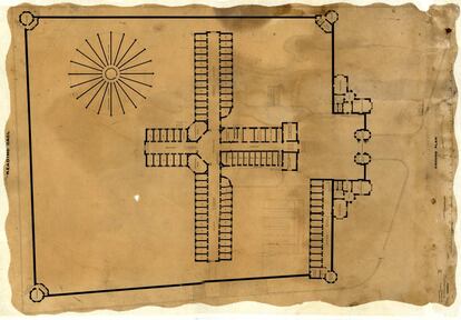 Plano de la prisión de Reading, dibujado en la oficina de los arquitectos George Gilbert Scott y William Bonython Moffatt cerca de 1842.