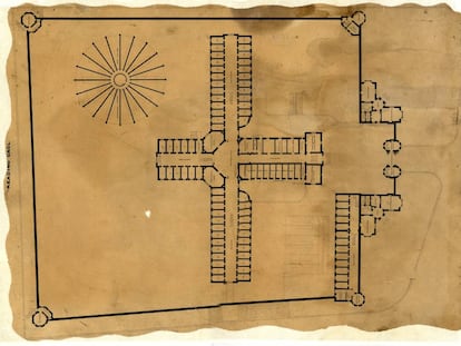 Plano de la prisi&oacute;n de Reading, dibujado en la oficina de los arquitectos George Gilbert Scott y William Bonython Moffatt cerca de 1842.
 