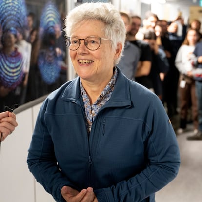 Nobel laureate Anne L'Huillier, who is one of this year's Nobel laureates in Physics, talks to journalists at Lund University, in Lund, Sweden, on Tuesday, Oct. 3, 2023. The Nobel Prize in physics has been awarded to Pierre Agostini, Ferenc Krausz and Anne L’Huillier for looking at electrons in atoms by the tiniest of split seconds. (Ola Torkelsson/TT News Agency via AP)