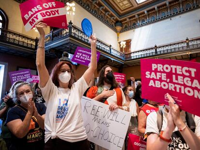 Protesters gather inside the South Carolina House as members debate a new near-total ban on abortion, in Columbia, South Carolina, on August 30, 2022.