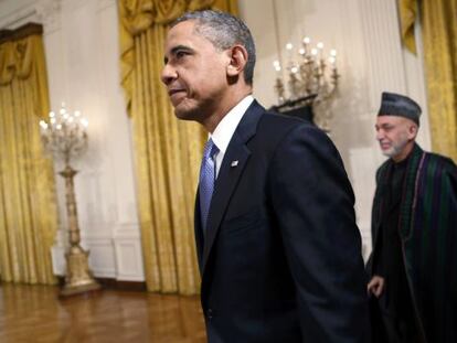 El presidente Obama y su hom&oacute;logo afano, Hamid Karzai, antes de su comparecencia en la Casa Blanca. 