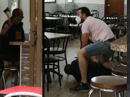 Un mosso reduce a un hombre con un hacha en Barcelona este domingo.