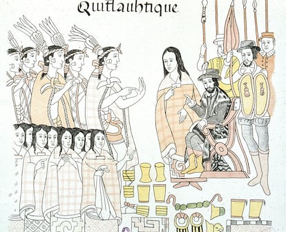 La intérprete Malintzin, entre Hernán Cortés y los señores de Tlaxcala, en una ilustración del 'Códice de Tlaxcala'.