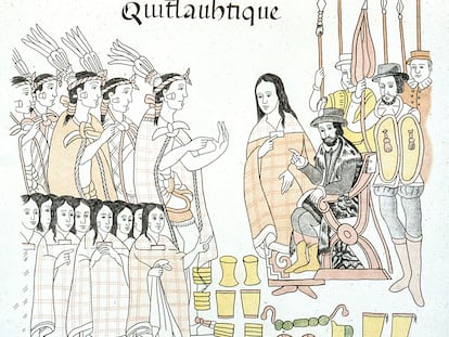 La intérprete Malintzin, entre Hernán Cortés y los señores de Tlaxcala, en una ilustración del 'Códice de Tlaxcala'.