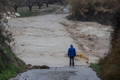 Un hombre observa este jueves una carretera que une el municipio de Cehegín, (Murcia) con la pedanía de Canara, cortada por el desbordamiento del río Argos.