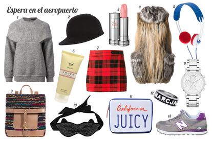 1. Alexander Wang Jersey oversize. 2. Gigi Burris Millinery Gorra de fieltro. 3. Lancôme Barra de labios “Rouge in Love”. 4. Liska Chaleco de pelo. 5. Kitsuné Tee Auriculares tricolor. 6. Tocca Crema de manos “Cleopatra”. 7. Alice + Olivia Mini con print de cuadros. 8. DKNY Reloj de acero. 9. Asos Mochila de loneta y lana con detalles de cuero. 10. Oysho Antifaz con cara de gato y print de leopardo. 11. Juicy Couture Funda con print de matrícula para iPad. 12. Marc by Marc Jacobs Anillo con nombre de la marca. 13. New Balance Zapatilla de deporte bicolor.