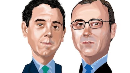 Una caricatura de los futuros consejeros delegados de Grifols, Víctor Grifols Deu y Raimon Grifols Roura.