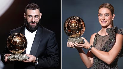 El francés Kaim Benzema y la española Alexia Putellas sujetan el Balón de Oro.