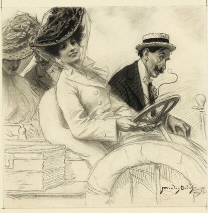 'Automovilistas' es un dibujo del 7 de octubre de 1905 obra de Méndez Bringa. El comisario de la exposición, Víctor Zarza, crítico de arte y profesor de la Facultad de Bellas Artes en la Universidad Complutense de Madrid, destaca que el estilo de este autor es "detallista, sin llegar a resultar abrumador, y con excelentes dotes para la representación de la realidad".