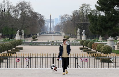 Un hombre pasea al perro en el jardín de las Tullerías, en París, el día que entra en vigor el confinamiento obligatorio.