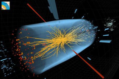 La <i>firma </i>de la partícula de Higgs en una simulación por ordenador del detector CMS, en las colisiones del acelerador LHC.