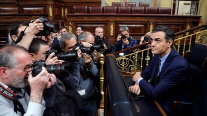 El presidente del Gobierno en funciones, Pedro Sánchez, este martes al inicio de la sesión constitutiva del Congreso de los Diputados.