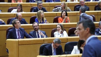 El presidente del Gobierno, Pedro Sánchez (en primer término, a la derecha), este martes en el Senado ante el líder de la oposición, Alberto Núñez Feijóo (izquierda).