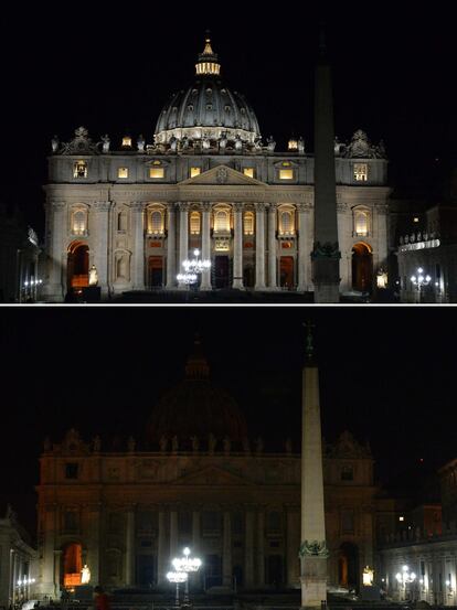 Estas dos imágenes muestra la basílica de San Pedro iluminada y con las luces apagadas durante la campaña de WWF "La Hora del Planeta" para la conciencia del cambio climático global el 16 de marzo de 2016 en Roma.