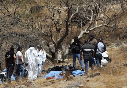 Forenses trabajan en la quebrada en la que se descubrieron varias bolsas con restos humanos en Jalisco, el 2 de junio.
