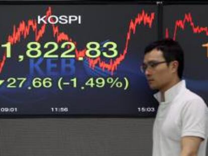 Un corredor de bolsa surcoreano pasa delante de un monitor en la sede del Exchange Bank de Seúl (Corea del Sur). EFE/Archivo