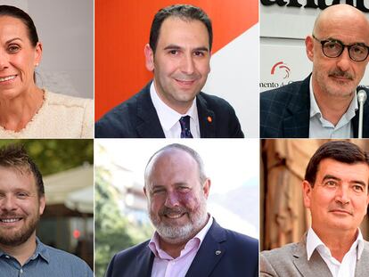 Arriba, de izquierda a derecha, Eva Masías, Mario Simón y Félix Álvarez; y abajo, Dimas Gragera, Enrique Arriaga y Fernando Giner, candidatos de Ciudadanos a las elecciones del 28 de mayo.