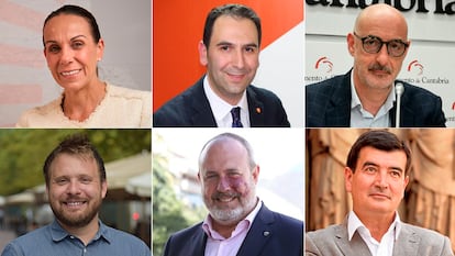 Arriba, de izquierda a derecha, Eva Masías, Mario Simón y Félix Álvarez; y abajo, Dimas Gragera, Enrique Arriaga y Fernando Giner, candidatos de Ciudadanos a las elecciones del 28 de mayo.