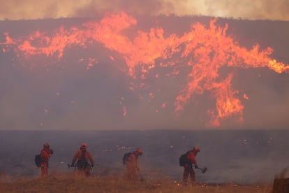 Firefighters work as the Hughes Fire burns in Castaic Lake, California, January 22, 2025. 