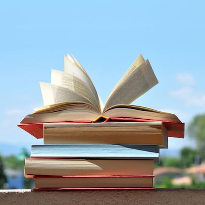 Pile of books with pages open by wind.