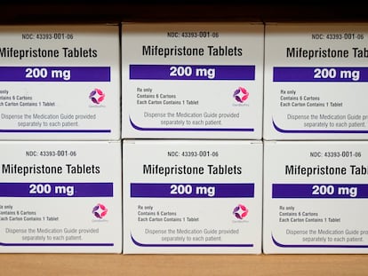 Boxes of the drug mifepristone sit on a shelf at the West Alabama Women's Center in Tuscaloosa, Ala., on March 16, 2022.