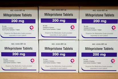 Boxes of the drug mifepristone sit on a shelf at the West Alabama Women's Center in Tuscaloosa, Ala., on March 16, 2022.