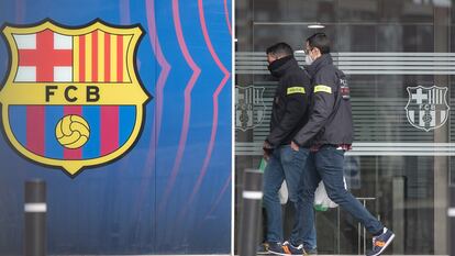 Dos personas entran en las oficinas del Camp Nou, este lunes en Barcelona.