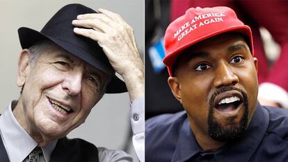 Leonard Cohen, durante un concierto, en agosto de 2012, y Kanye West, en un momento de su encuentro en la Casa Blanca con el presidente Donald Trump, el pasado 11 de octubre.  