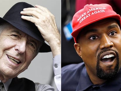 Leonard Cohen, durante un concierto, en agosto de 2012, y Kanye West, en un momento de su encuentro en la Casa Blanca con el presidente Donald Trump, el pasado 11 de octubre.  