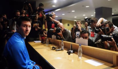 Messi, a la sala de premsa del Camp Nou, en una imatge d'arxiu.