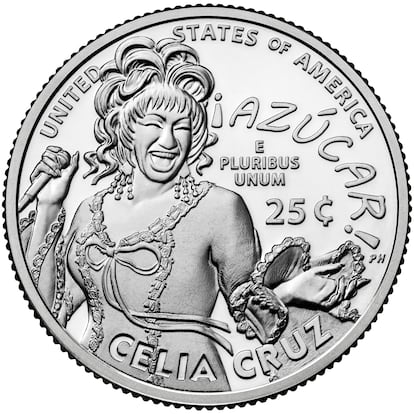 Imagen que muestra el inverso del cuarto de dólar dedicado a la cantante cubana Celia Cruz.