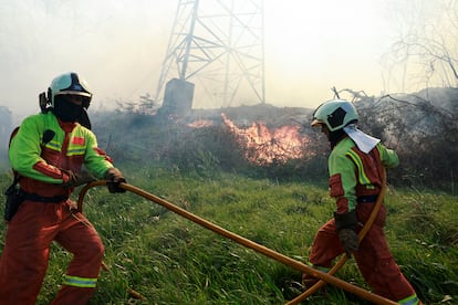 Bomberos intentan sofocar el incendio en Setienes (Asturias), el viernes.