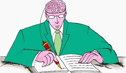 Hombre escribiendo con una pluma conectada al cerebro.