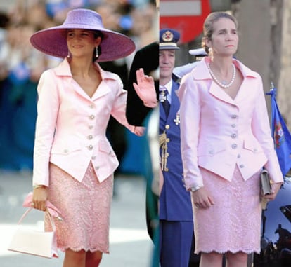 La infanta Elena, en una imagen comparativa entre la boda de su hermana Cristina, el 4 de octubre de 1997 en Barcelona, y la celebración del día de la Hispanidad, el 12 de octubre de 2011, en los que llevó el mismo traje.